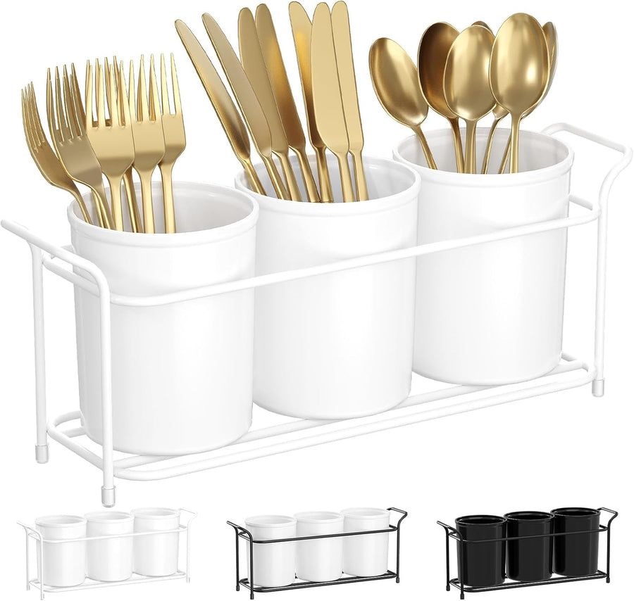 Plastic Silverware Caddy with Metal Rack, Utensil Holder for Party, Cutlery Flatware Organizer for Kitchen Countertop, Forks Spoons Knives Storage for Picnic Camping Outdoor Buffet, White