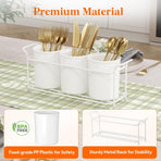 Plastic Silverware Caddy with Metal Rack, Utensil Holder for Party, Cutlery Flatware Organizer for Kitchen Countertop, Forks Spoons Knives Storage for Picnic Camping Outdoor Buffet, White