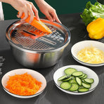 Germany Multifunctional Stainless Steel Basin, Multifunction Stainless Steel Basin with Grater 3 in 1 Vegetable Cutter for Kitchen, Vegetable Slicer Grater Strainer and Drain Basket (10.2 inch)