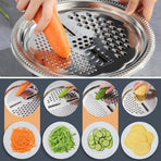 Germany Multifunctional Stainless Steel Basin, Multifunction Stainless Steel Basin with Grater 3 in 1 Vegetable Cutter for Kitchen, Vegetable Slicer Grater Strainer and Drain Basket (10.2 inch)