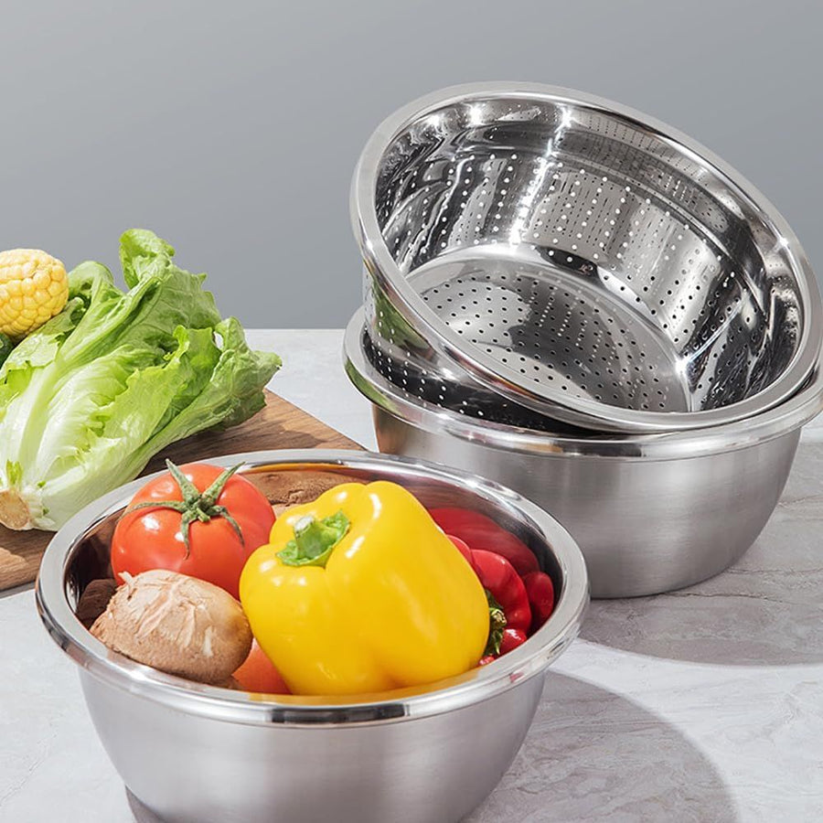 Germany Multifunctional Stainless Steel Basin, Multifunction Stainless Steel Basin with Grater 3 in 1 Vegetable Cutter for Kitchen, Vegetable Slicer Grater Strainer and Drain Basket (10.2 inch)
