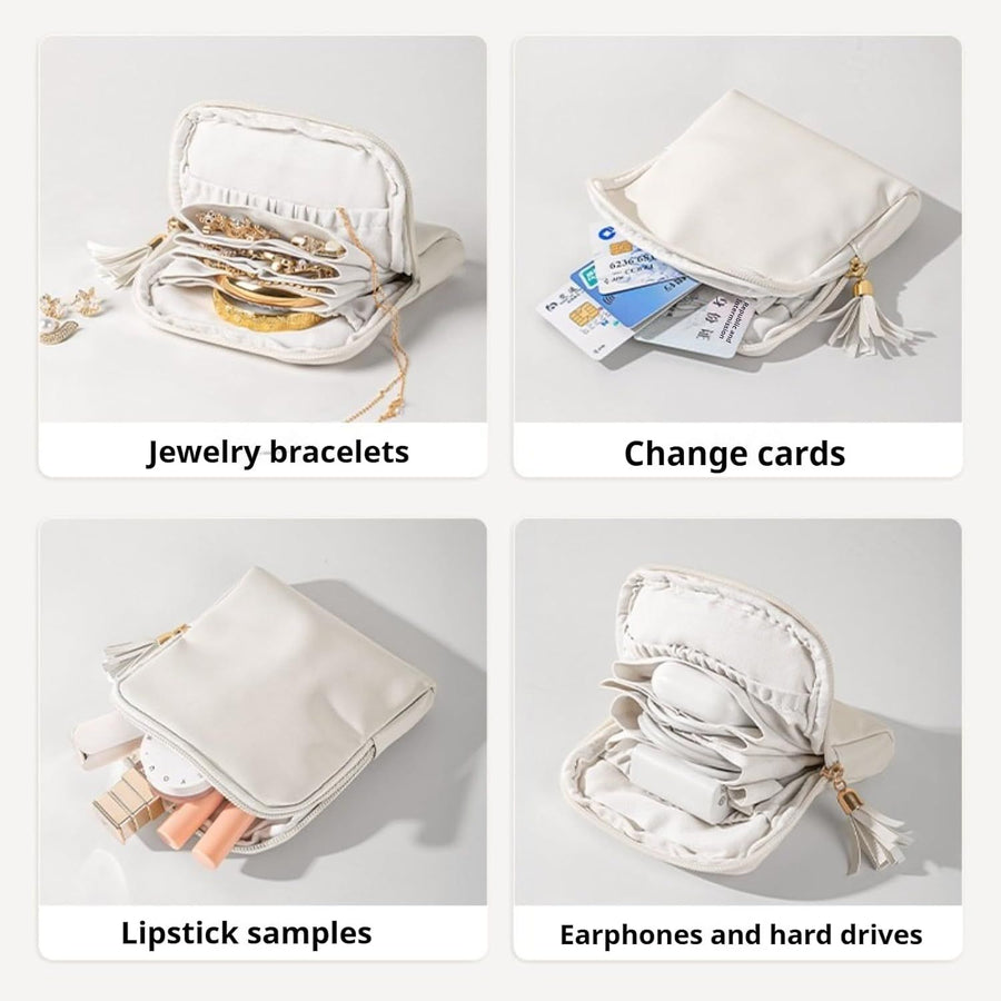 Leather Jewelry Organizer Pouch with Compartments, Travel Jewelry Case Portable Small Box for Necklace Bracelet Earring (Beige)