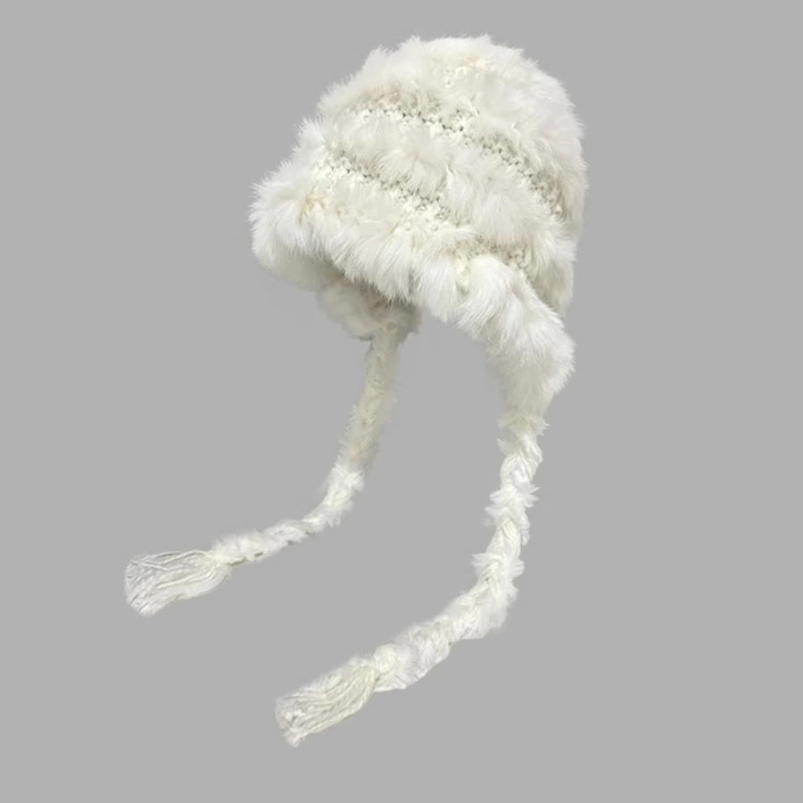 Women's Thick Rabbit Fur Knit Beanie Hat with Nordic Braids for Winter Warm, Ear Protection Thermal Headwear