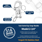 316 Stainless Steel Swivel Snap Shackle Clevis Quick Heavy Duty Release Spring Hook Marine Grade Sailing Halyard Shackle for Boat Rigging Industrial Lifting Climbing