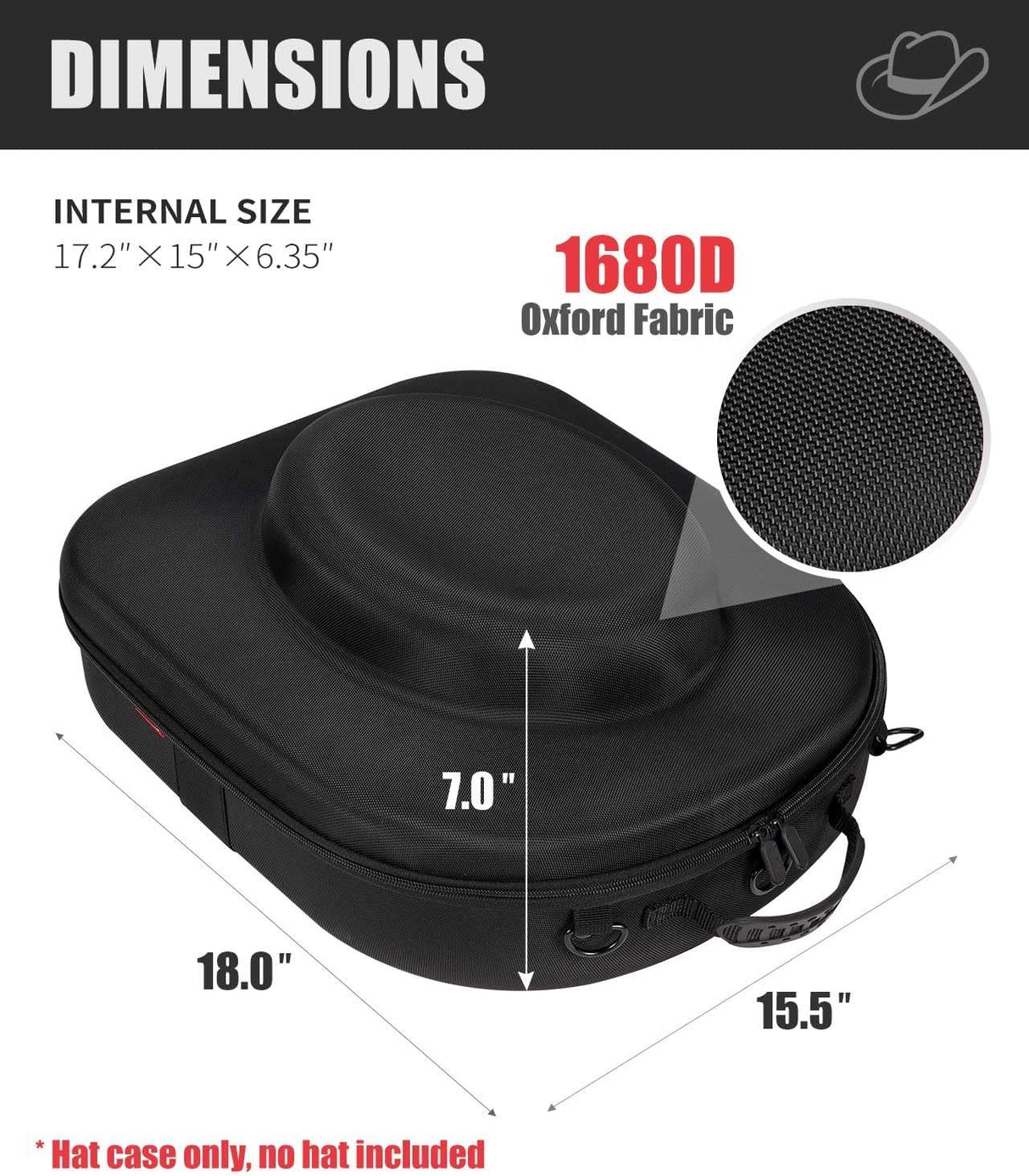 Hat Box for Travel - Crush Proof Cowboy Hat Holder Storage, Hard Travel Hat Carrier Case for Cowboy, Panama & Tweed Hats - Carrying Handle, Luggage Straps & Shoulder - Large