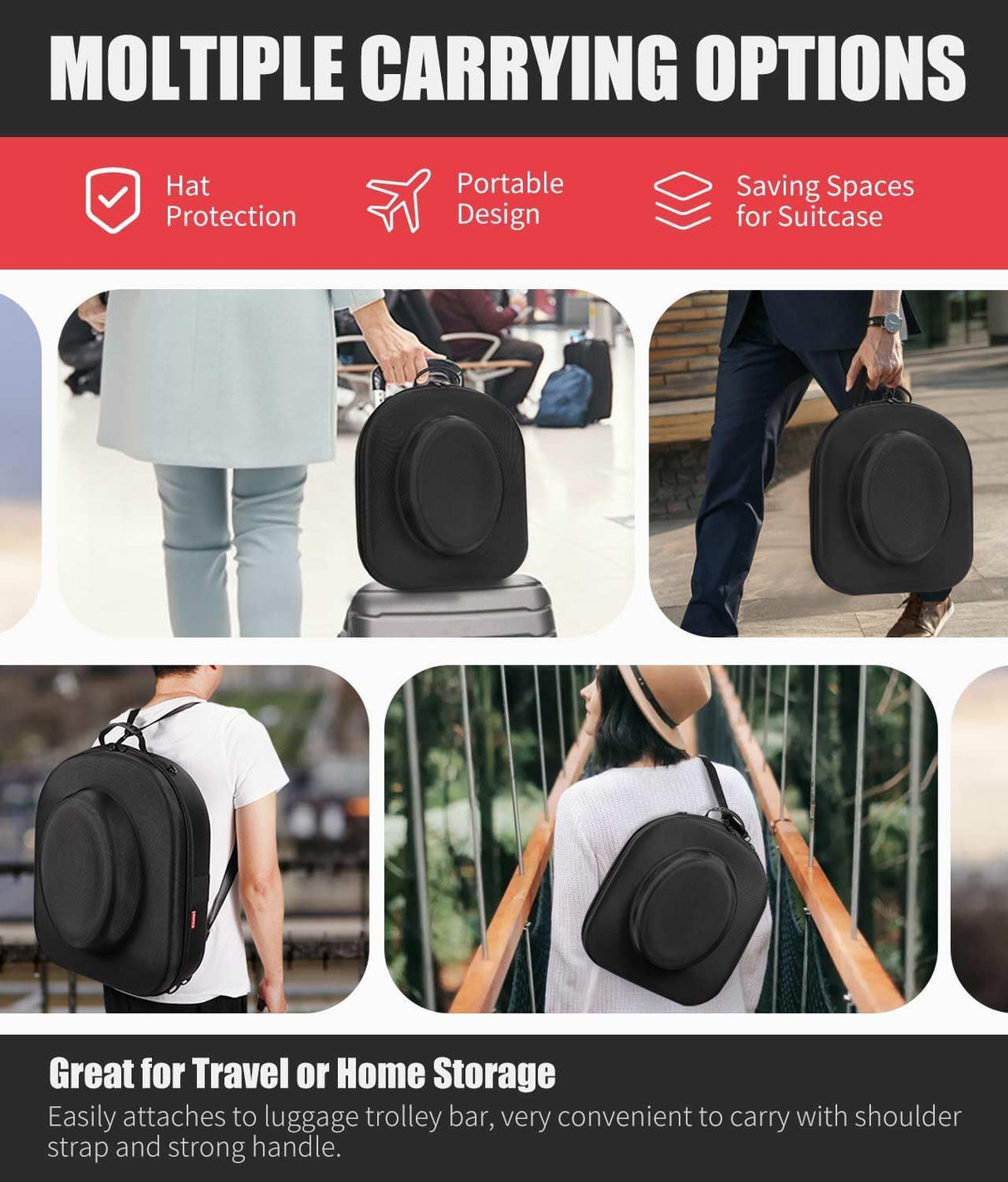 Hat Box for Travel - Crush Proof Cowboy Hat Holder Storage, Hard Travel Hat Carrier Case for Cowboy, Panama & Tweed Hats - Carrying Handle, Luggage Straps & Shoulder - Large