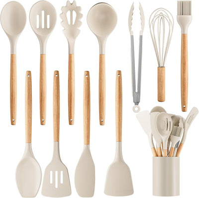 Silicone Cooking Utensil Set,12 PCS Cooking Cookware Kitchen Utensils Set for Cooking, Nonstick 446°F Heat-Resistant Cookware Kitchen Tools of Spoon,Brush,Whisk,Spatula,Turner Tongs (Khaki)