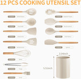 Silicone Cooking Utensil Set,12 PCS Cooking Cookware Kitchen Utensils Set for Cooking, Nonstick 446°F Heat-Resistant Cookware Kitchen Tools of Spoon,Brush,Whisk,Spatula,Turner Tongs (Khaki) - Front View