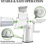 Rotary Cheese Grater Hand Crank - Cheese Shredder with 5 Blades & Storage Room, Easy to Clean, Stable Suction, Labor-Saving Handle, Rotary Grater Slicer for Fruit, Vegetables, Nuts, Chocolate - Close-Up Angle