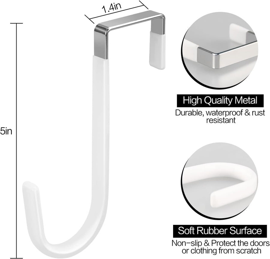 4 Pack Over The Door Hooks, Fits Doors Less Than 1.4in Thick, White Rubber Surface Prevent Scratch Door Hanger Hooks for Bathroom, Living Room, Kitchen, Hanging Clothes, Towels, Bags