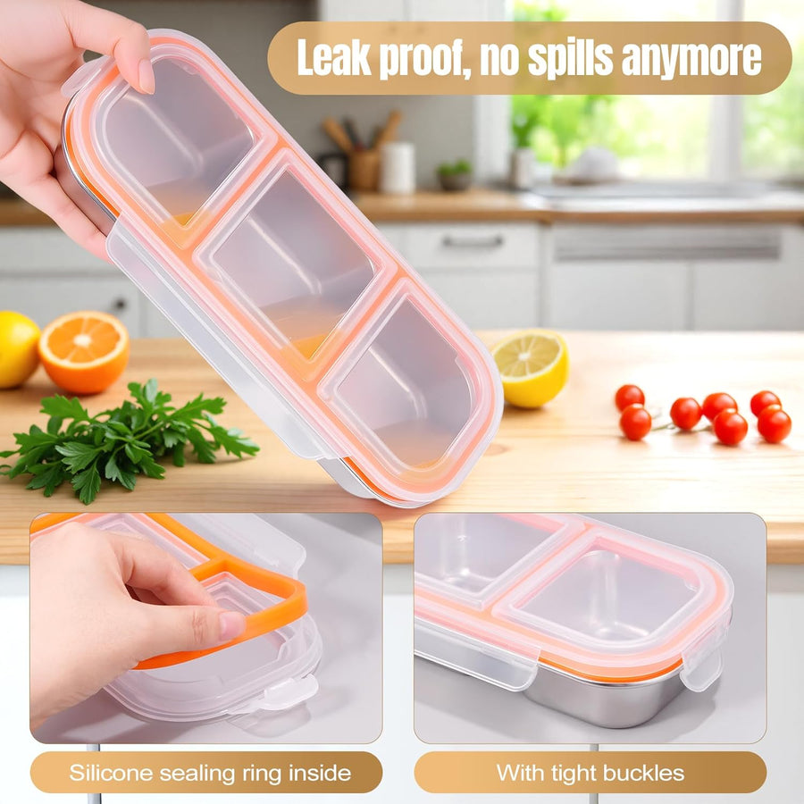 Stainless Steel Snack Containers - Reusable 3 Compartment Snackle Box Container with Lids for Kids Adults, Divided Snack Food Storage Containers for School, Home, Travel