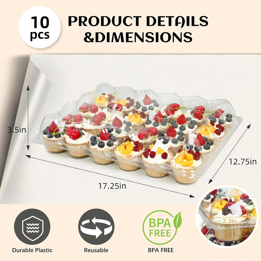 24 Count x 10 Sets Plastic Cupcake Containers, Durable and BPA-Free Cupcake Holder with Lid for Easy Transport Storage, Stackable Clear Cupcake Carriers, Reusable Dessert Boxes