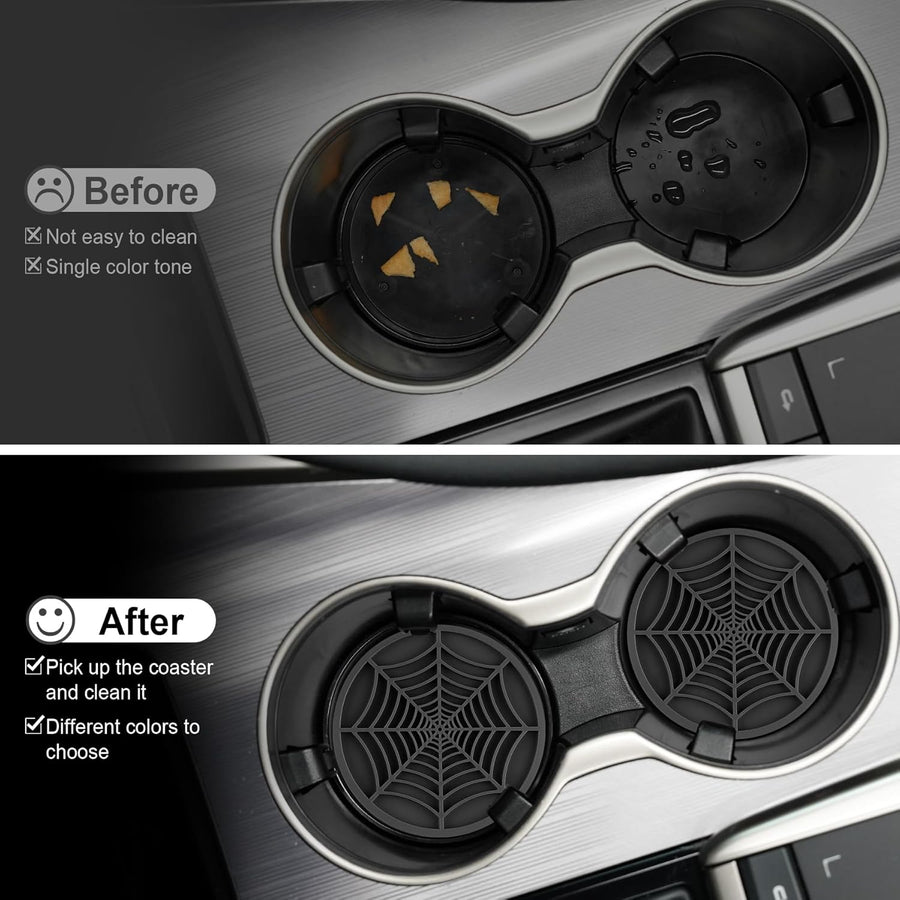 4PCS Spider Web Car Coasters for Cup Holders, Halloween Funny Non-Slip Silicone Insert Ornaments Coasters, Automotive Cupholder Goth Accessories for Men & Women(Black)