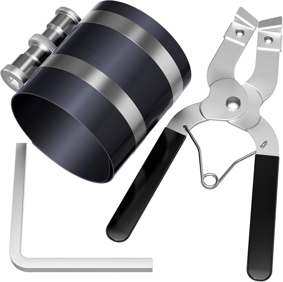 Piston Ring Compressor Tool,Car Engine Piston Ring Installer Removal Kit，Adjustable Sizes From 2-1/8 Inches To 7 Inches (53mm - 175mm) with Piston Installer Plier