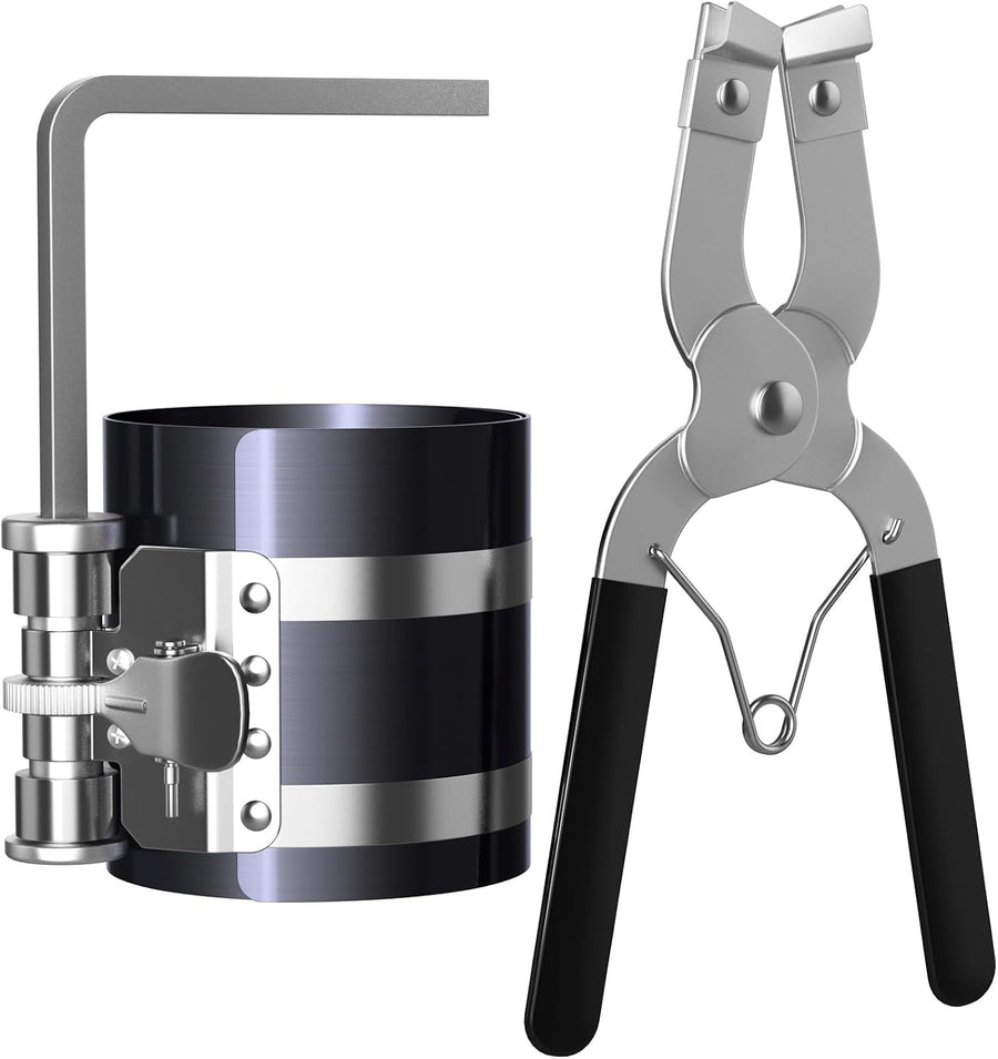 Piston Ring Compressor Tool,Car Engine Piston Ring Installer Removal Kit，Adjustable Sizes From 2-1/8 Inches To 7 Inches (53mm - 175mm) with Piston Installer Plier