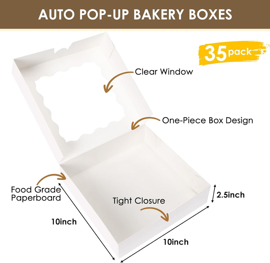 35pcs Bakery Boxes, 10x10x2.5 Inches Auto-Popup Cookie Boxes with Window for Pie, Cookie Cake, Treats, Pastries, Chocolate Covered Strawberries