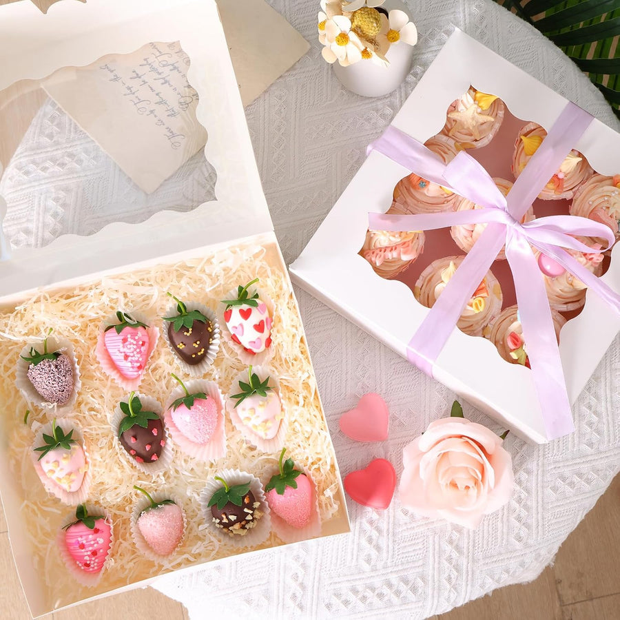 35pcs Bakery Boxes, 10x10x2.5 Inches Auto-Popup Cookie Boxes with Window for Pie, Cookie Cake, Treats, Pastries, Chocolate Covered Strawberries