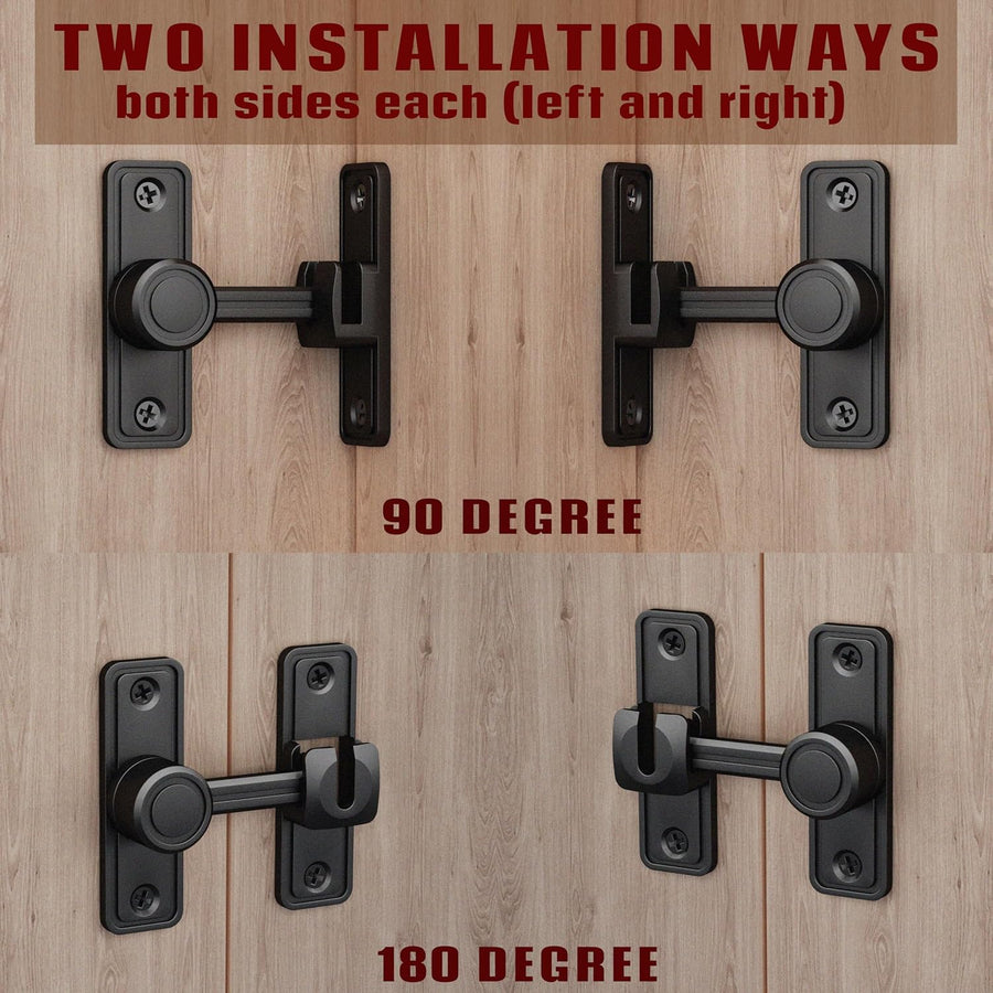 Barn Door Privacy Latch, 90°/180° Swing Slide Lock, Zinc-Alloy, Adhesive or Screw Mount, Interior Use for Bathroom/Bedroom/Closet/Shed, Includes Screws & Glue - Black