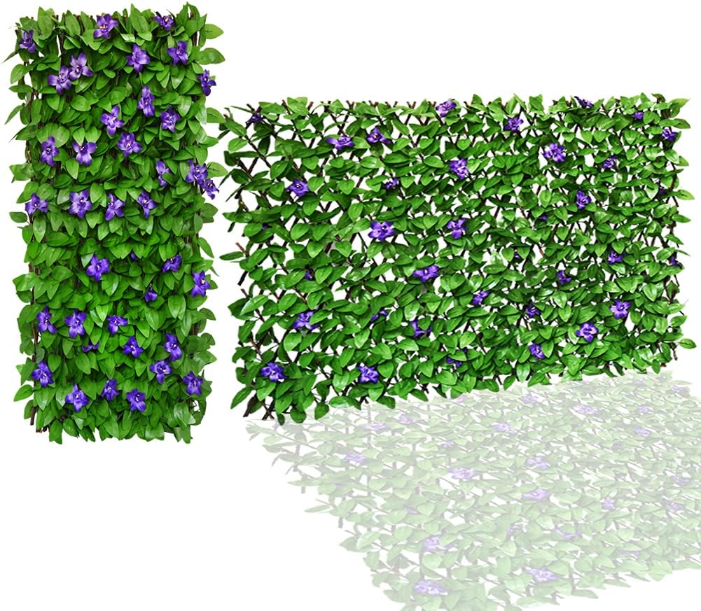Expandable Fence Privacy Screen for Balcony Patio Outdoor,Decorative Faux Ivy Fencing Panel,Artificial Hedges (Single Sided Leaves) (1, Purple Flowers)