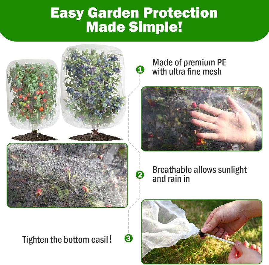 4 Pack Garden Mesh Netting for Plants 2.6x3.3ft - 3.3x4.9ft Insect Bird Netting Pest Barrier Bag with Drawstring 2 Size Fruits Tree Blueberry Bush Netting Cover Bag Protection for Vegetables Tomato