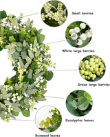 24-26 Inch Artificial Spring Summer Greenery Christmas Wreaths for Front Door Green Eucalyptus Leaf Wreath Decor Boxwood with Big Berries for Farmhouse Outside Year Round