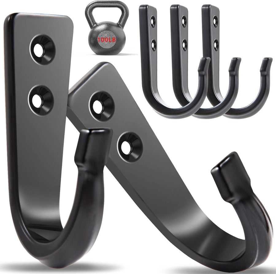 5 Large Size Heavy Duty Wall Hooks, Coat Hooks for Hanging Pans, Backpacks, Coats, Garage Items (Black)
