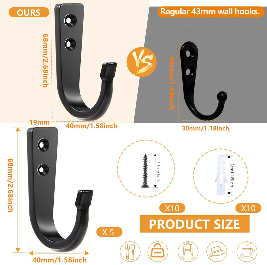 5 Large Size Heavy Duty Wall Hooks, Coat Hooks for Hanging Pans, Backpacks, Coats, Garage Items (Black)