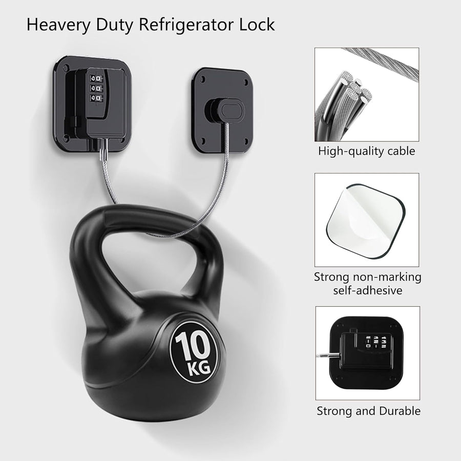 Refrigerator Lock, Heavy Duty Fridge Lock, Combination Lock for Refrigerator Cabinets, Drawers, Safety, Easy Install No Keys Needed (Black-2Pack)