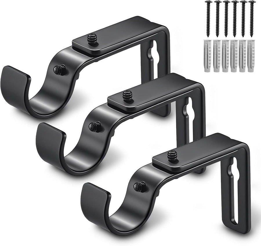Curtain Rod Bracket Adjustable, Drapery Rod Holder Hooks Support Hangers for 1 inch Diameter Window Curtain Rods (Black, 3-Pack)