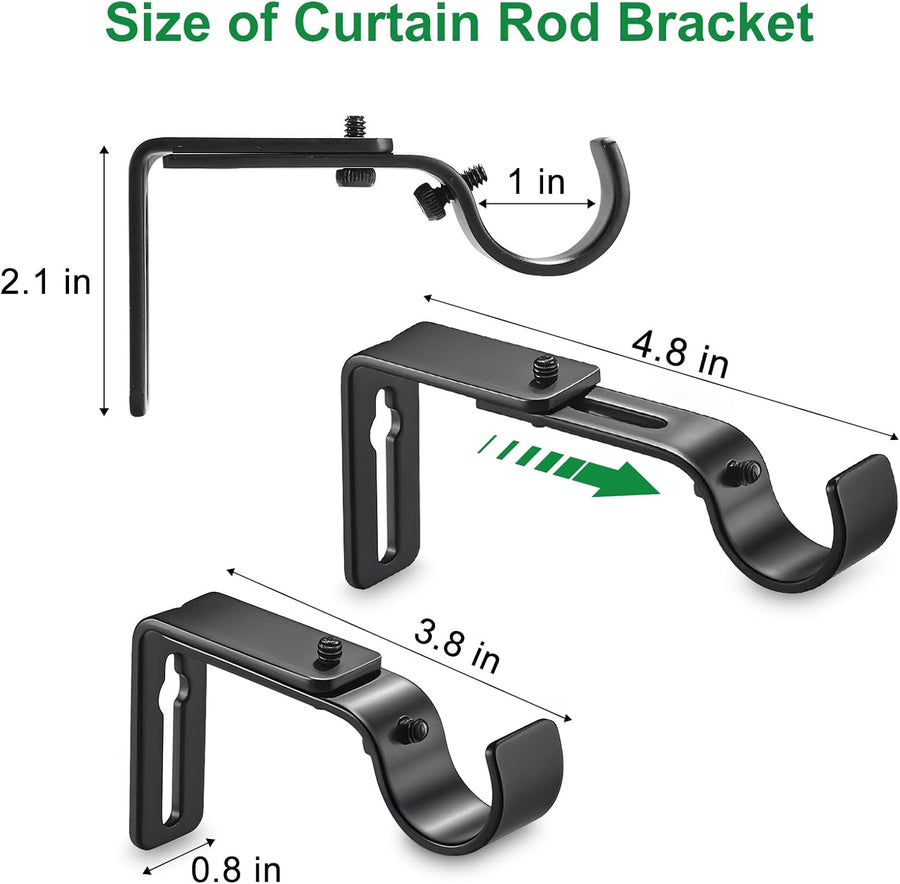 Curtain Rod Bracket Adjustable, Drapery Rod Holder Hooks Support Hangers for 1 inch Diameter Window Curtain Rods (Black, 3-Pack)
