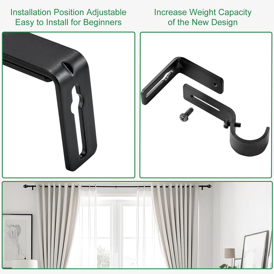 Curtain Rod Bracket Adjustable, Drapery Rod Holder Hooks Support Hangers for 1 inch Diameter Window Curtain Rods (Black, 3-Pack)