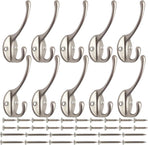 10 Pack Dual Coat Hooks Wall Mounted with 40 Screws Retro Double Hooks Utility Silvery Hooks for Coat, Scarf, Bag, Towel, Key, Cap, Cup, Hat (Silvery)