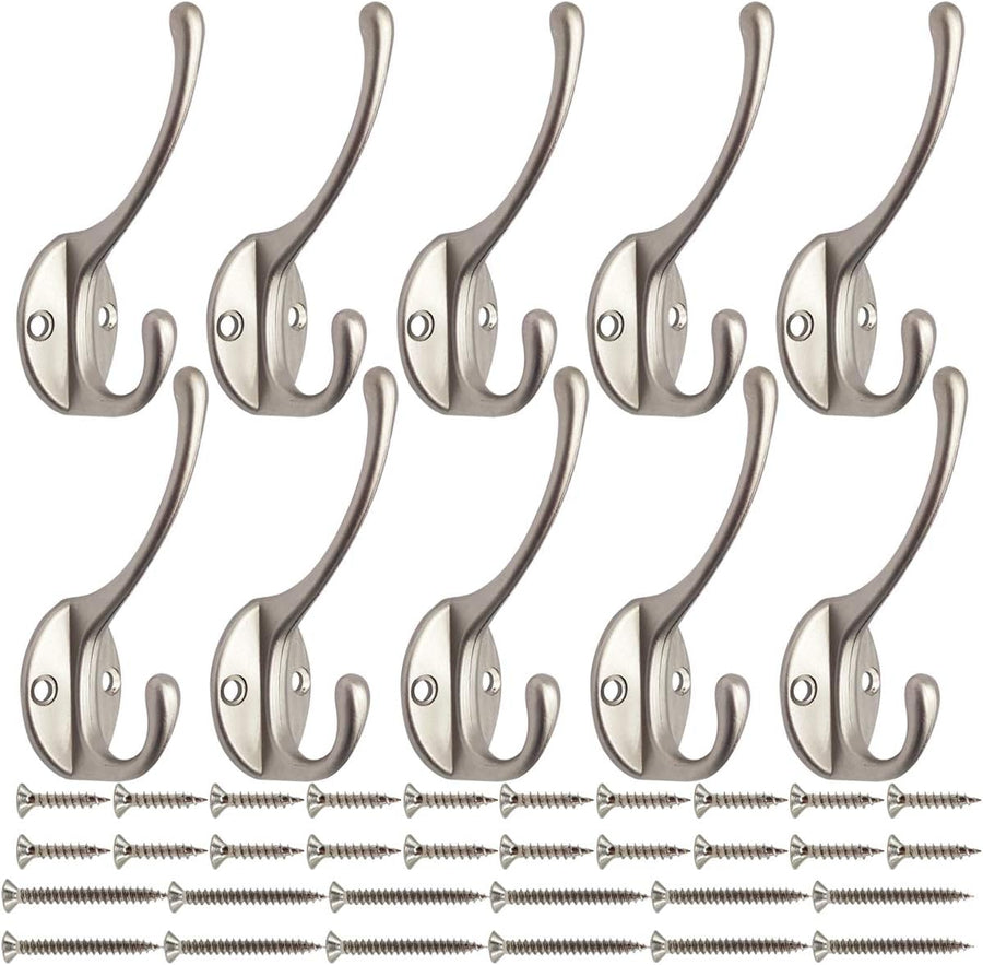 10 Pack Dual Coat Hooks Wall Mounted with 40 Screws Retro Double Hooks Utility Silvery Hooks for Coat, Scarf, Bag, Towel, Key, Cap, Cup, Hat (Silvery)