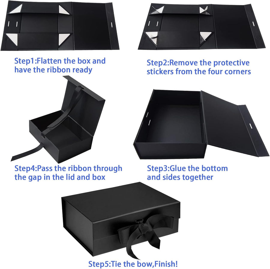 Black Luxury Magnetic Gift Box with Lid, Ribbons and Gift Bag, Medium Size-9.4x7x3 Inches, Great for Christmas, New Year, Wedding, Birthdays, Man