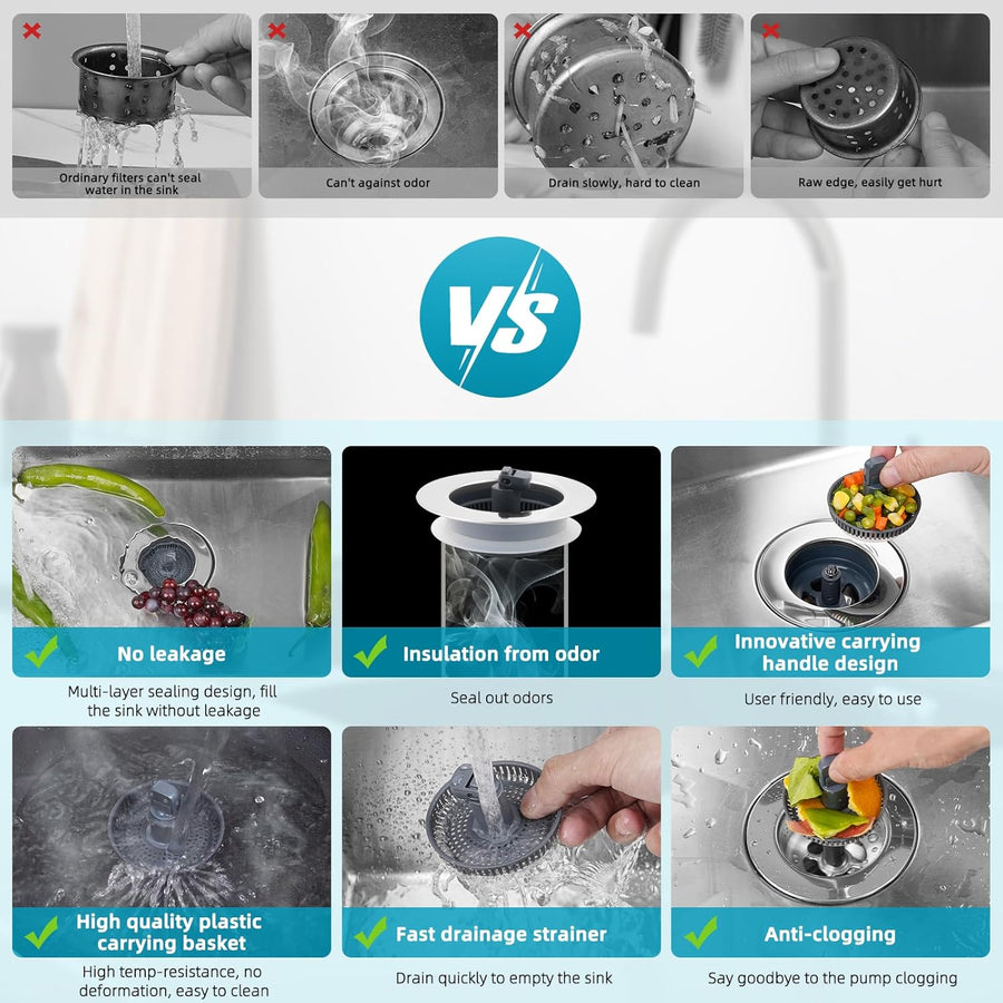 3 in 1 Kitchen Sink Drain Strainer, Stainless Steel Wrapped Shell Drain Stopper Combo, Pop Up Sink Stopper, Anti-Clogging Basket Strainer with Handle for US Standard 3-1/2" Drain