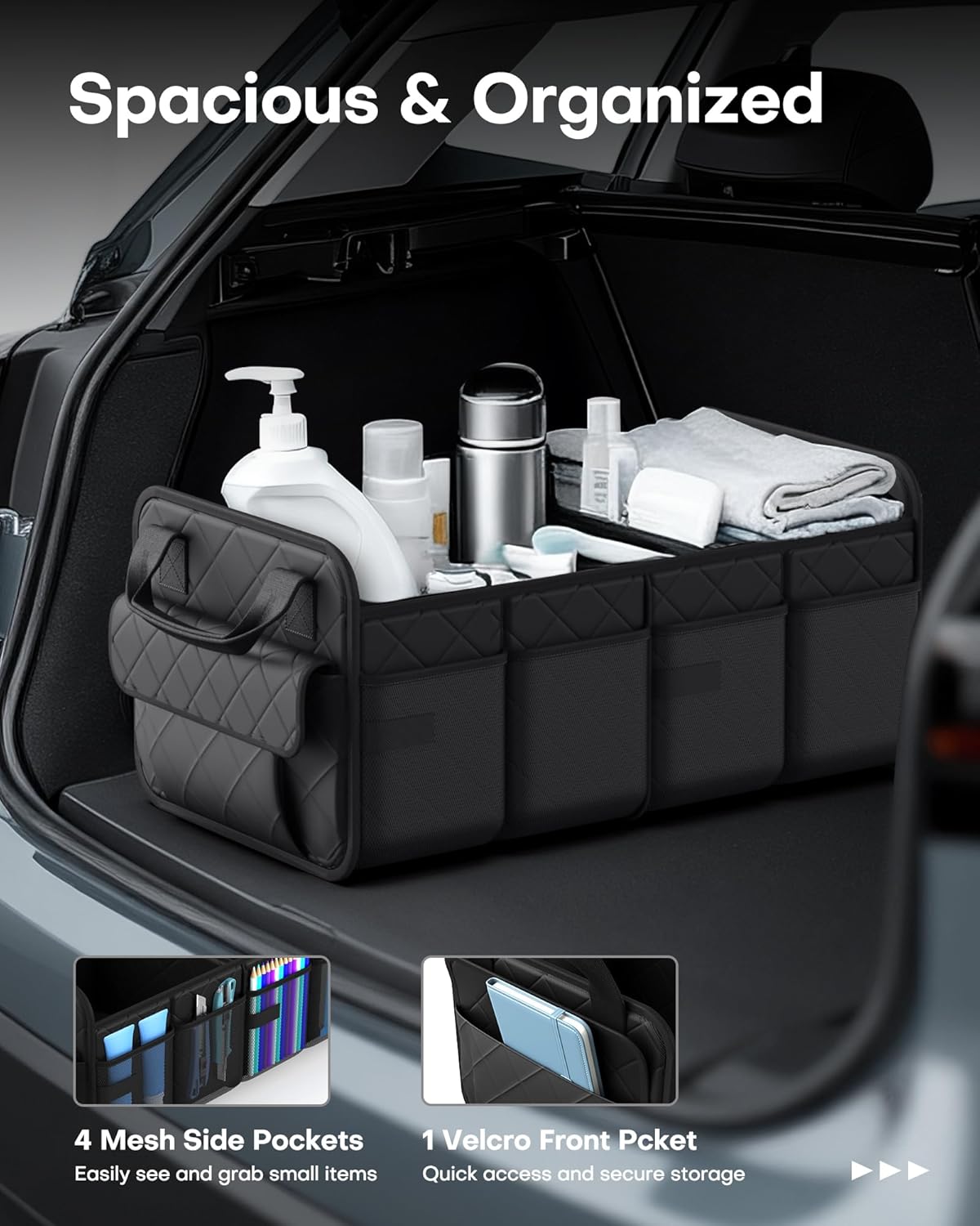 Trunk Organizer for SUV – Foldable & Portable Car Organizers and Storage with 2 Compartments, Large Capacity Car Trunk Organizer Car Accessories for Truck Sedan, Black, 21.7" x 12.8" x 11.0"