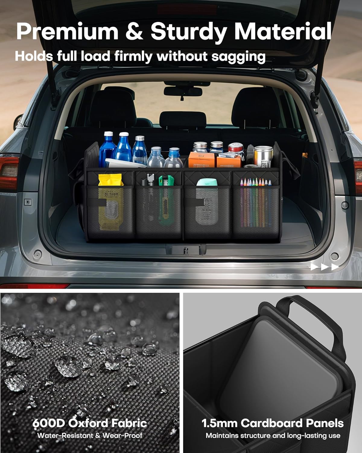 Trunk Organizer for SUV – Foldable & Portable Car Organizers and Storage with 2 Compartments, Large Capacity Car Trunk Organizer Car Accessories for Truck Sedan, Black, 21.7" x 12.8" x 11.0"