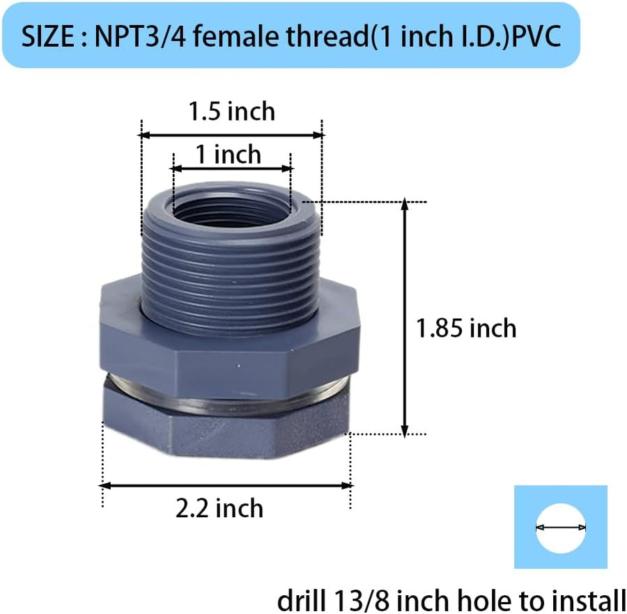 2 Pieces 3/4 Inch PVC Bulkhead Fitting for Water Barrel, Water Tank, Rain Barrels,NPT3/4 female thread(1 inch I.D.) PVC