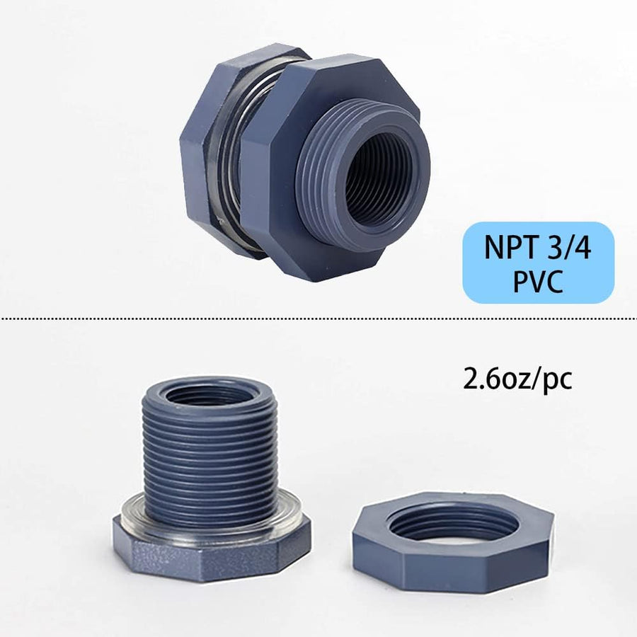 2 Pieces 3/4 Inch PVC Bulkhead Fitting for Water Barrel, Water Tank, Rain Barrels,NPT3/4 female thread(1 inch I.D.) PVC