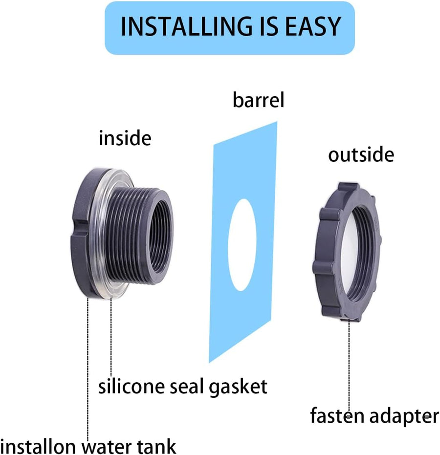 2 Pieces 3/4 Inch PVC Bulkhead Fitting for Water Barrel, Water Tank, Rain Barrels,NPT3/4 female thread(1 inch I.D.) PVC