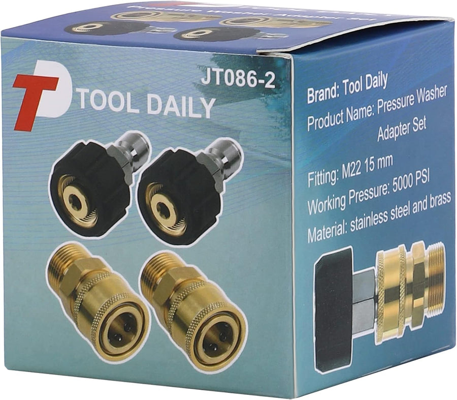 Pressure Washer Adapter Set, Quick Connect Kit, Metric M22 15mm Female to M22 Male Fitting, 5000 PSI, 4 Pcs