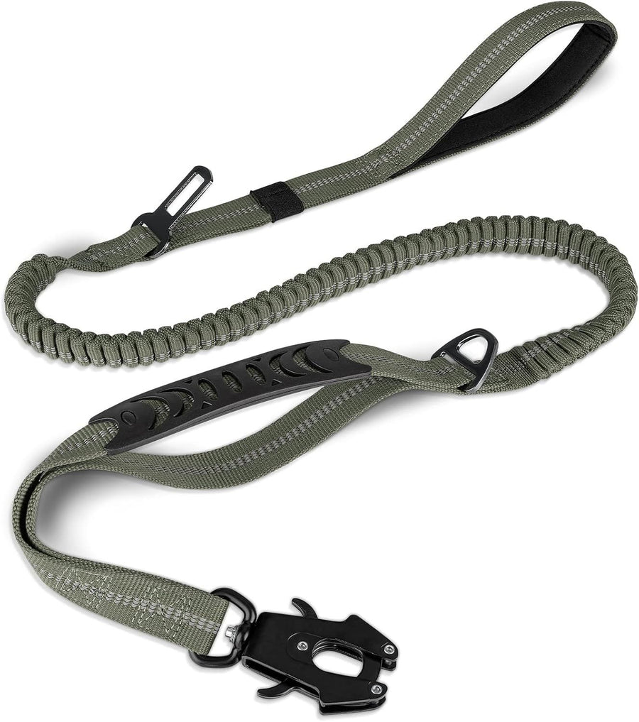 Bungee Dog Leash with Frog Snap Hook - Heavy Duty Elastic Training Lead for Medium Large Dogs - Shock Absorbing Anti-Pull Walking Leash - Olive