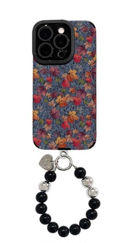 Oil Painting Flower Cluster Beaded Bracelet Phone Case - Vintage Art Design with 3D Beaded Chain - Soft Silicone Leather Back Cover - Black for iPhone 14 Pro