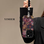 Oil Painting Flower Cluster Beaded Bracelet Phone Case - Vintage Art Design with 3D Beaded Chain - Soft Silicone Leather Back Cover - Black for iPhone 14 Pro