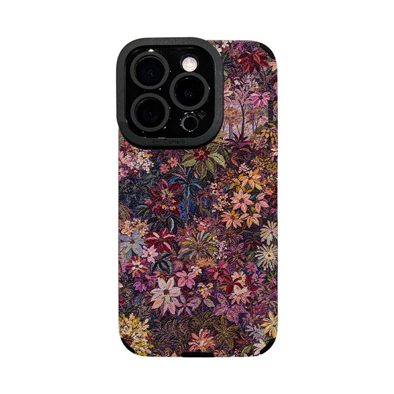 Oil Painting Flower Cluster Beaded Bracelet Phone Case - Vintage Art Design with 3D Beaded Chain - Soft Silicone Leather Back Cover - Black for iPhone 15 Plus