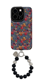 Oil Painting Flower Cluster Beaded Bracelet Phone Case - Vintage Art Design with 3D Beaded Chain - Soft Silicone Leather Back Cover - Black for iPhone 16 Plus