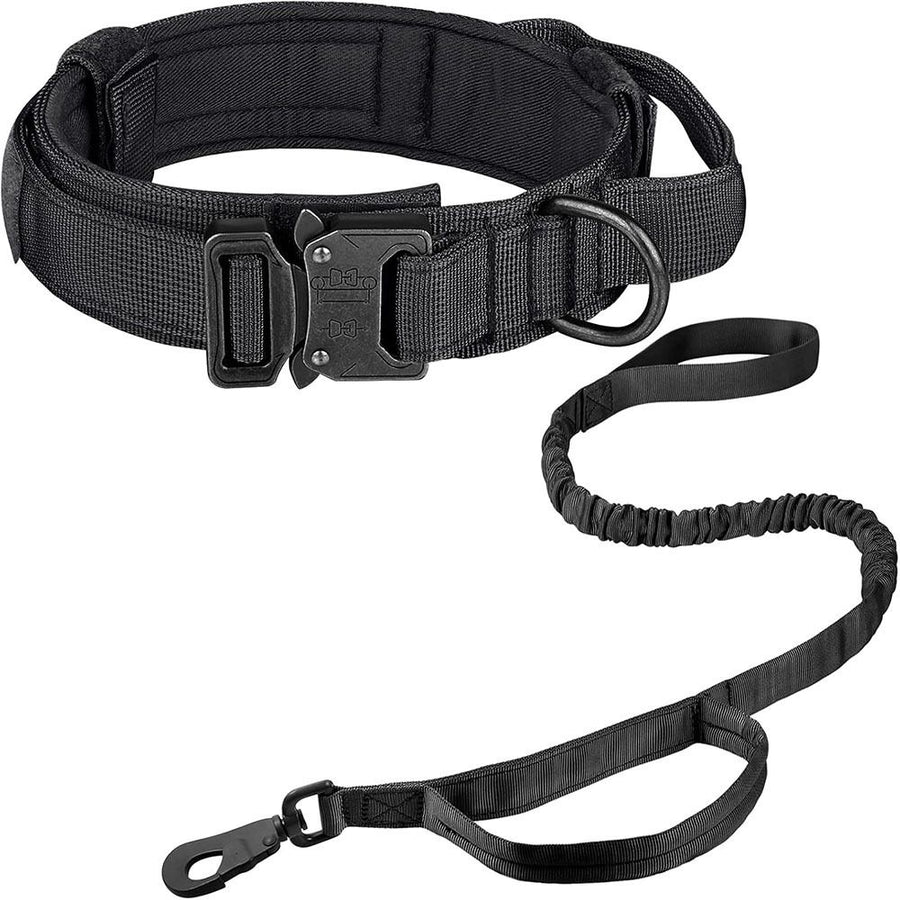 Tactical Dog Collar & Leash Set - Heavy Duty Training Collar with Matching Leash for Large Dogs - Adjustable Nylon Walking Set - Black Size L