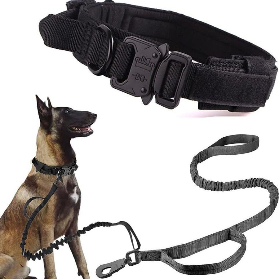 Tactical Dog Collar & Leash Set - Heavy Duty Training Collar with Matching Leash for Large Dogs - Adjustable Nylon Walking Set - Black Size L