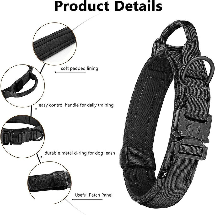 Tactical Dog Collar & Leash Set - Heavy Duty Training Collar with Matching Leash for Large Dogs - Adjustable Nylon Walking Set - Black Size L