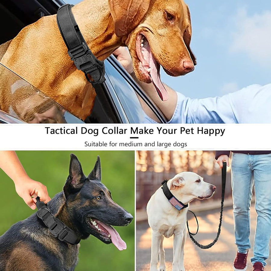 Tactical Dog Collar & Leash Set - Heavy Duty Training Collar with Matching Leash for Large Dogs - Adjustable Nylon Walking Set - Black Size L